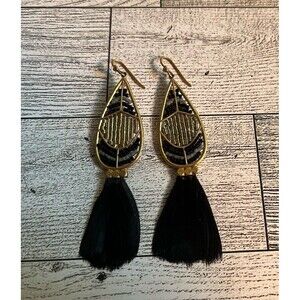 Stella & Dot Wisten Black Feather Seed Bead Dangle Earrings Egyptian Revival